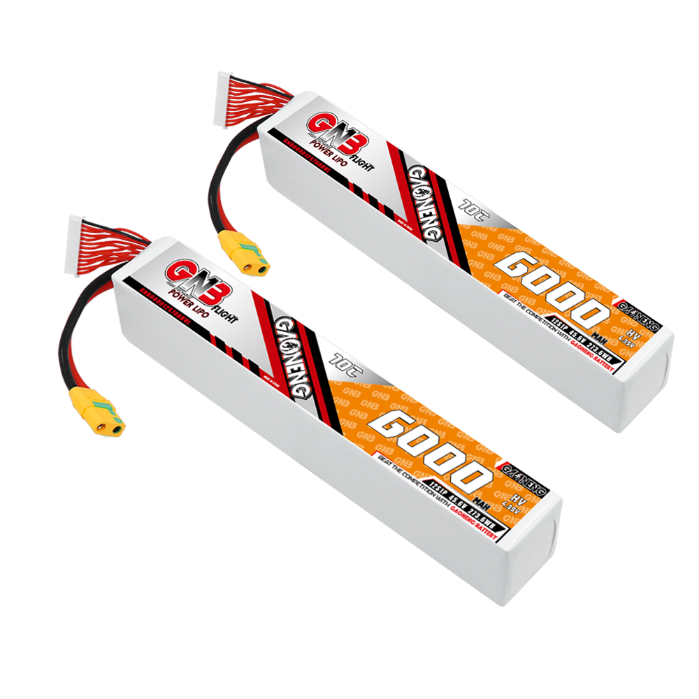 Two GAONENG GNB 6000mAh LiPo battery packs shown, each with XT90-style power lead and balance connector