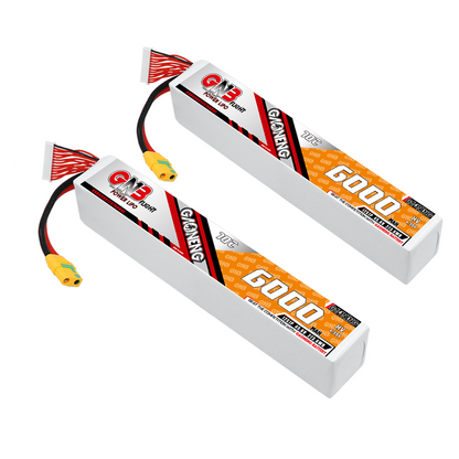 Two GAONENG GNB 6000mAh LiPo battery packs shown, each with XT90-style power lead and balance connector