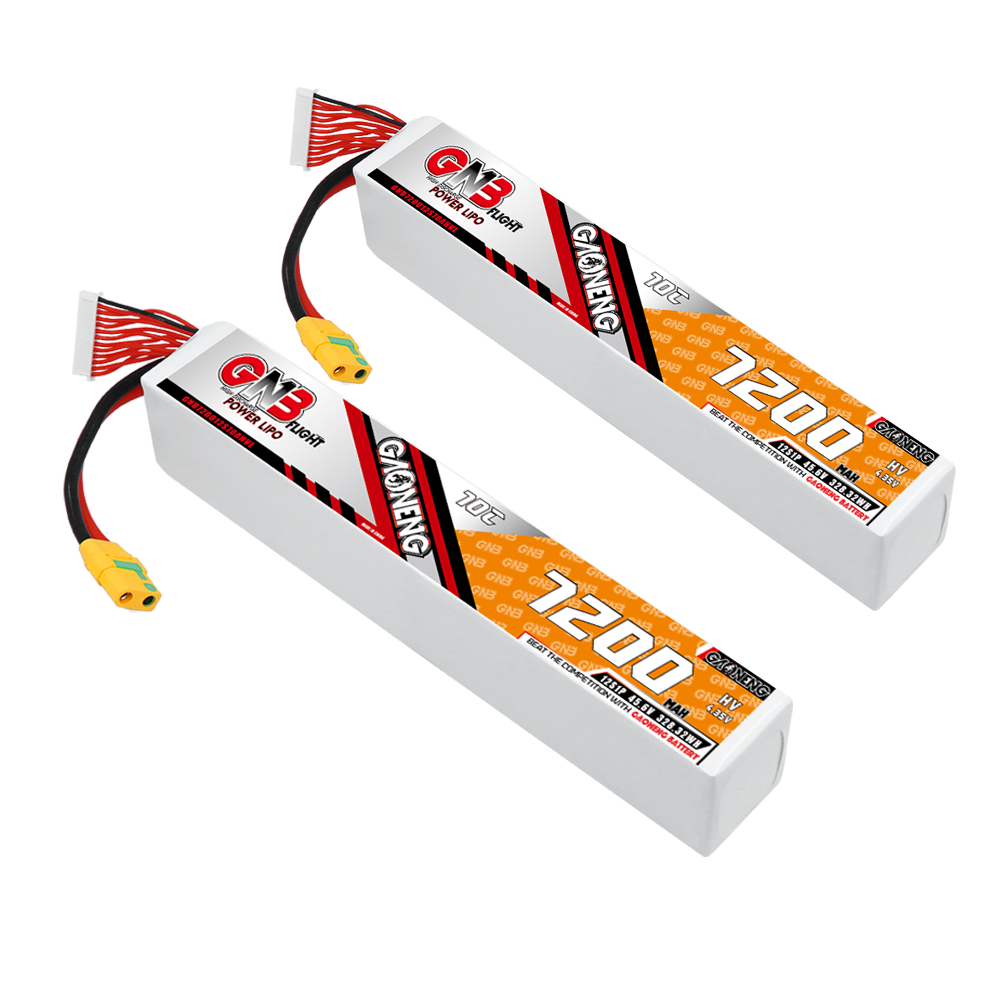 Two GAONENG GNB 7200mAh LiPo batteries shown together, long stick pack design with XT90S leads