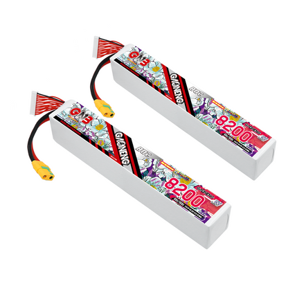 Two GNB 8200mAh 12S HV LiPo battery packs shown at an angle with XT90S-style leads