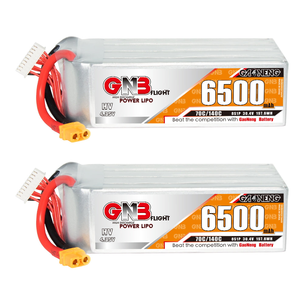 GNB 8S 6500mAh 70C LiHV LiPo battery 30.4V with XT60 plug and balance lead, side label view