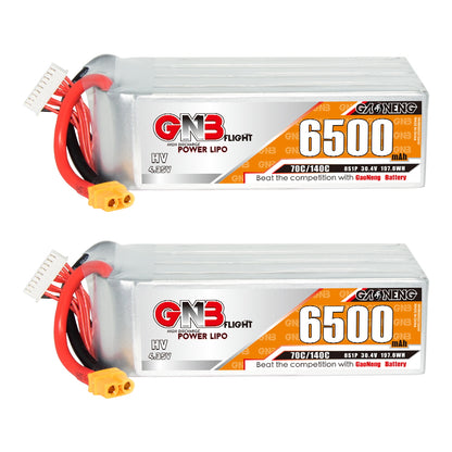 GNB 8S 6500mAh 70C LiHV LiPo battery 30.4V with XT60 plug and balance lead, side label view