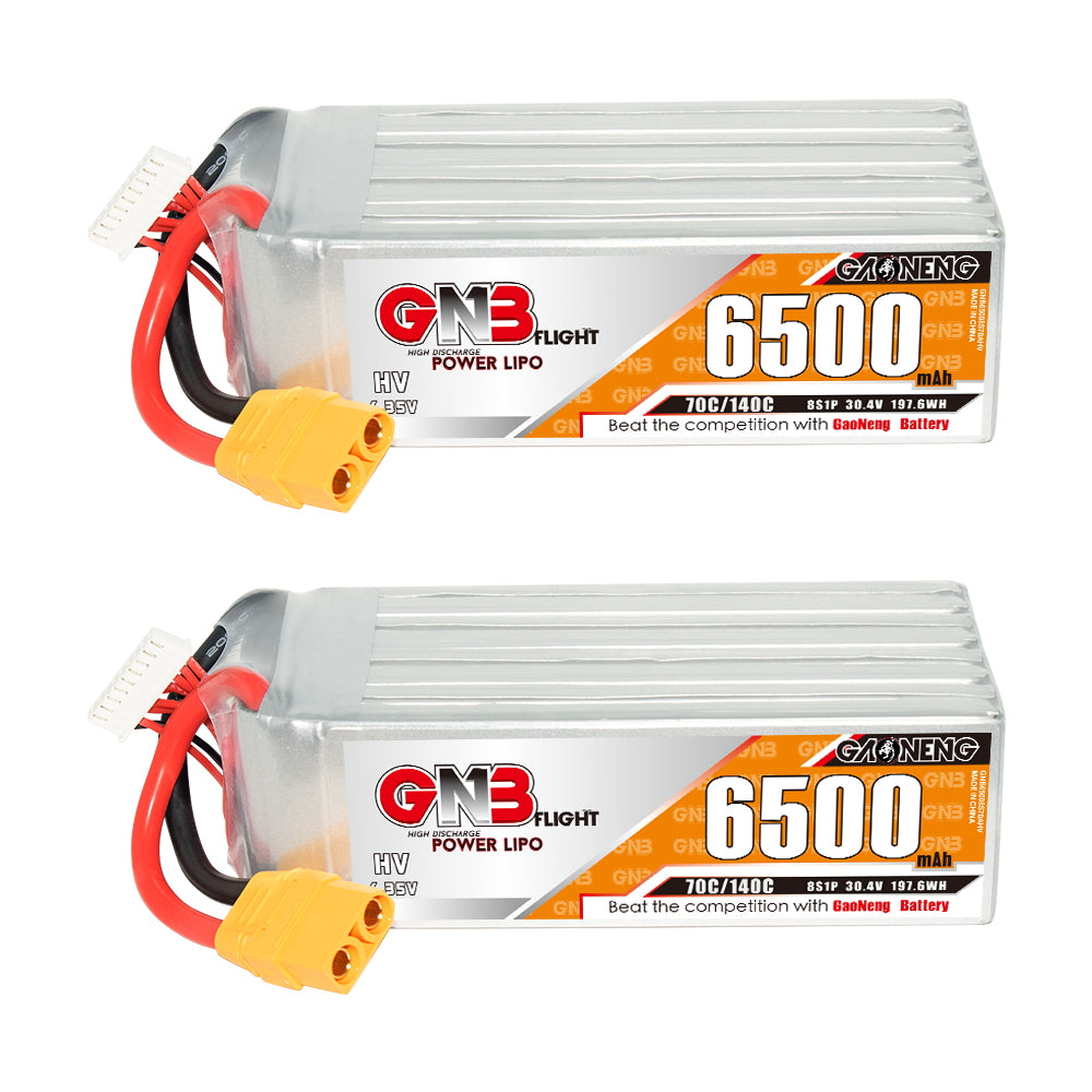 GAONENG GNB 6500mAh 8S LiHV 30.4V 70C LiPo battery pack with XT90 connector, side label view
