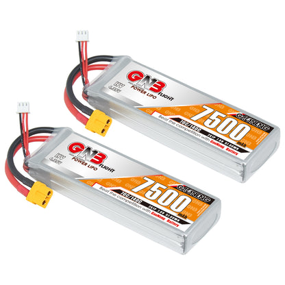 Two GNB 7500mAh 2S LiHV LiPo batteries with yellow XT60 connectors, angled view