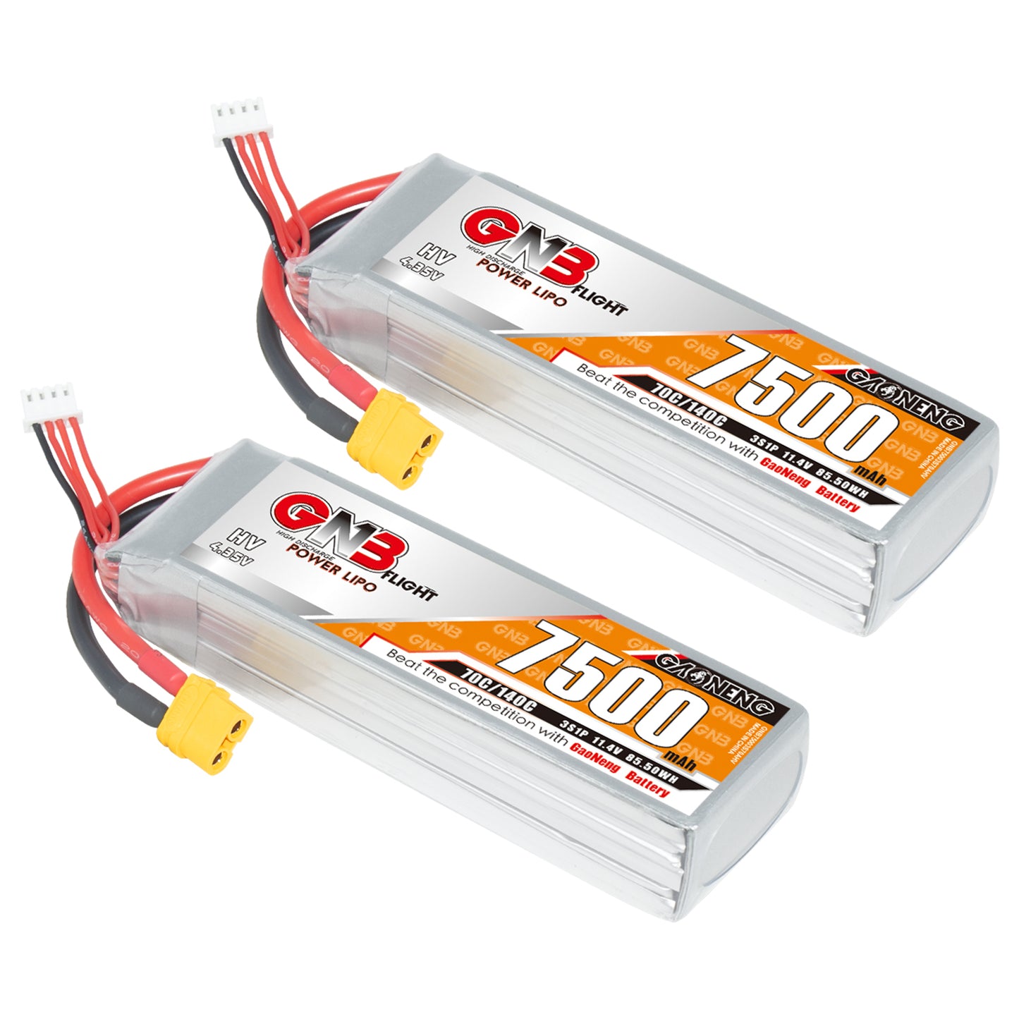 Two GNB 7500mAh LiHV LiPo batteries shown with XT60 plugs and 3S balance connectors