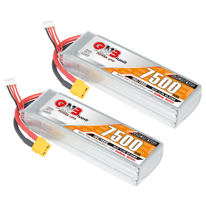 Two GNB 7500mAh LiHV LiPo batteries shown with XT60 plugs and 3S balance connectors