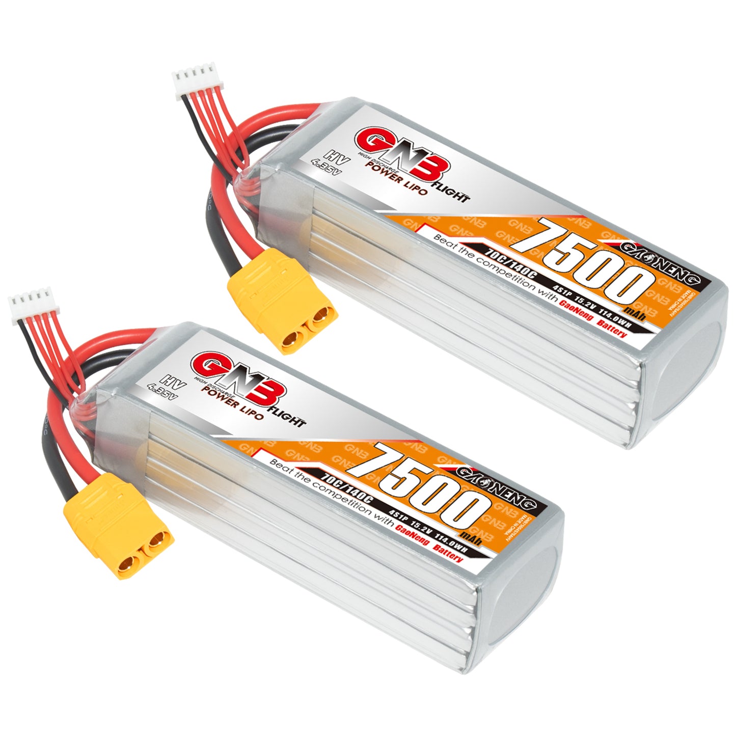 Two GNB 7500mAh HV LiPo batteries with XT90 connectors and balance leads, pair display