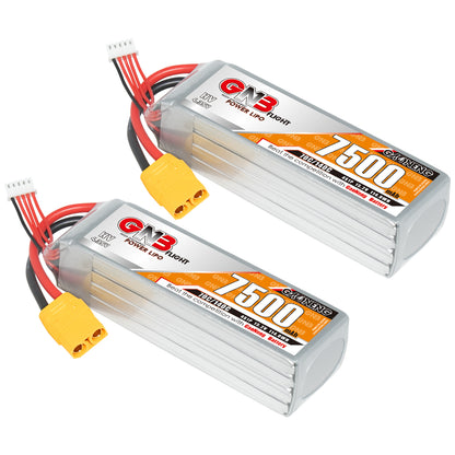 Two GNB 7500mAh HV LiPo batteries with XT90 connectors and balance leads, pair display