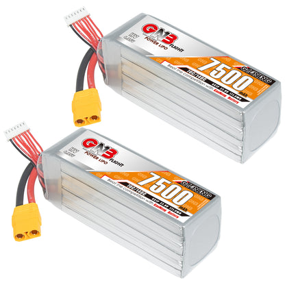 Two GAONENG GNB 6S 7500mAh LiHV LiPo batteries with XT90 connectors, angled view
