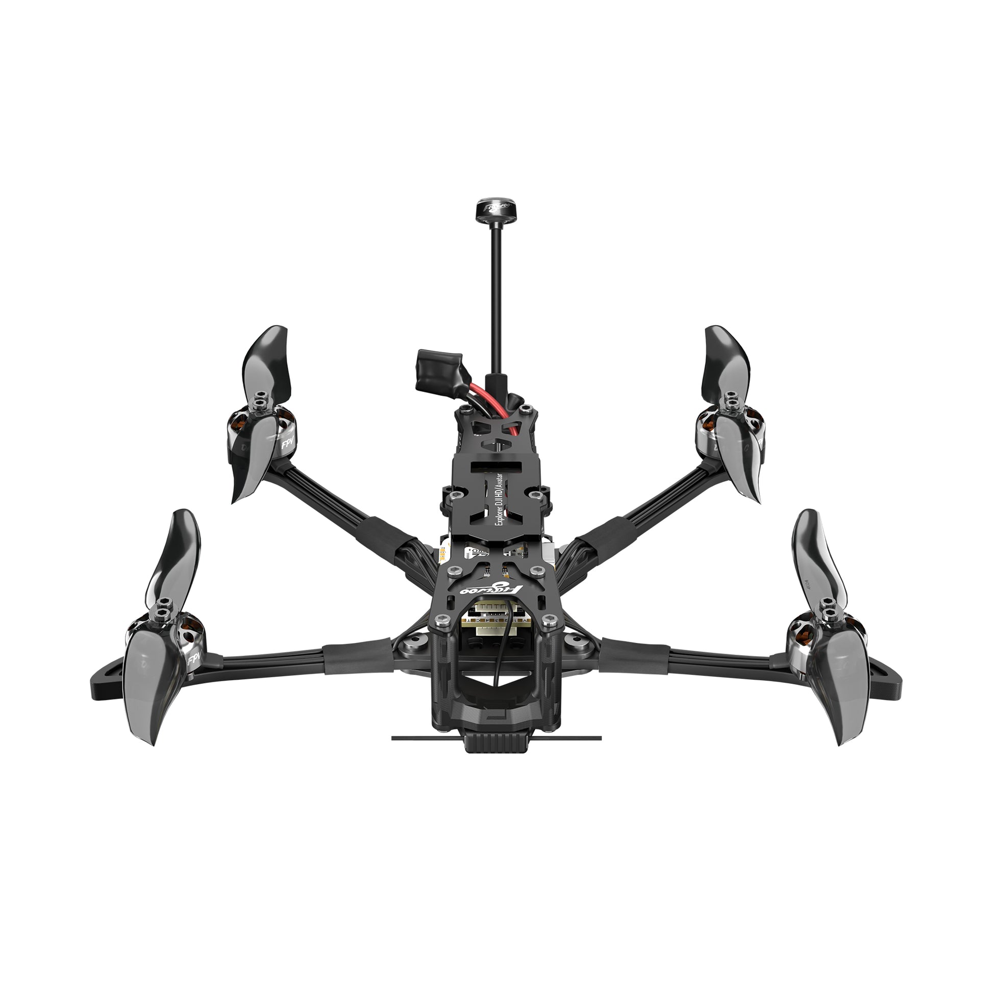 Top view of Flywoo Explorer LR 4 4-inch micro FPV drone with carbon frame, four motors, props, and tall antenna