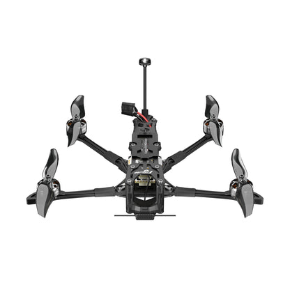 Top view of Flywoo Explorer LR 4 4-inch micro FPV drone with carbon frame, four motors, props, and tall antenna