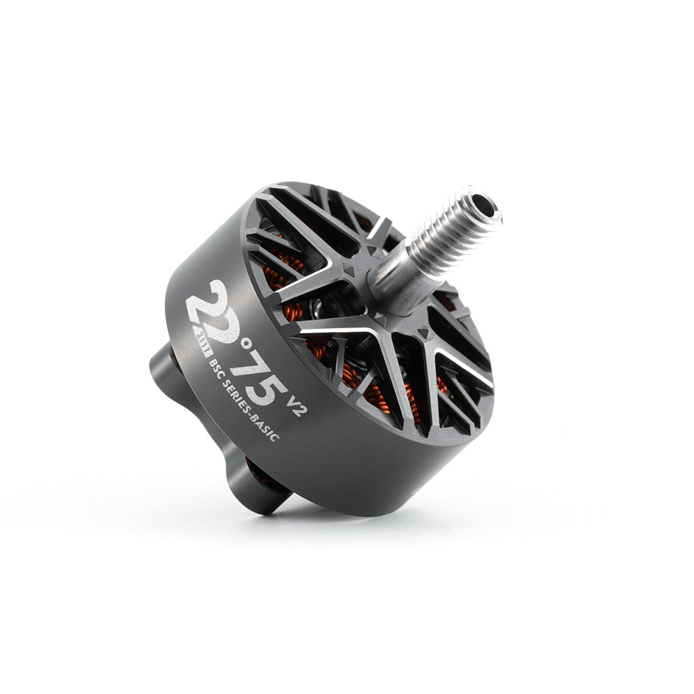 MAD BSC 2207.5 V2.0 FPV Drone Motor, MAD BSC 2207.5 V2 brushless FPV drone motor with black housing, open vents, and threaded shaft