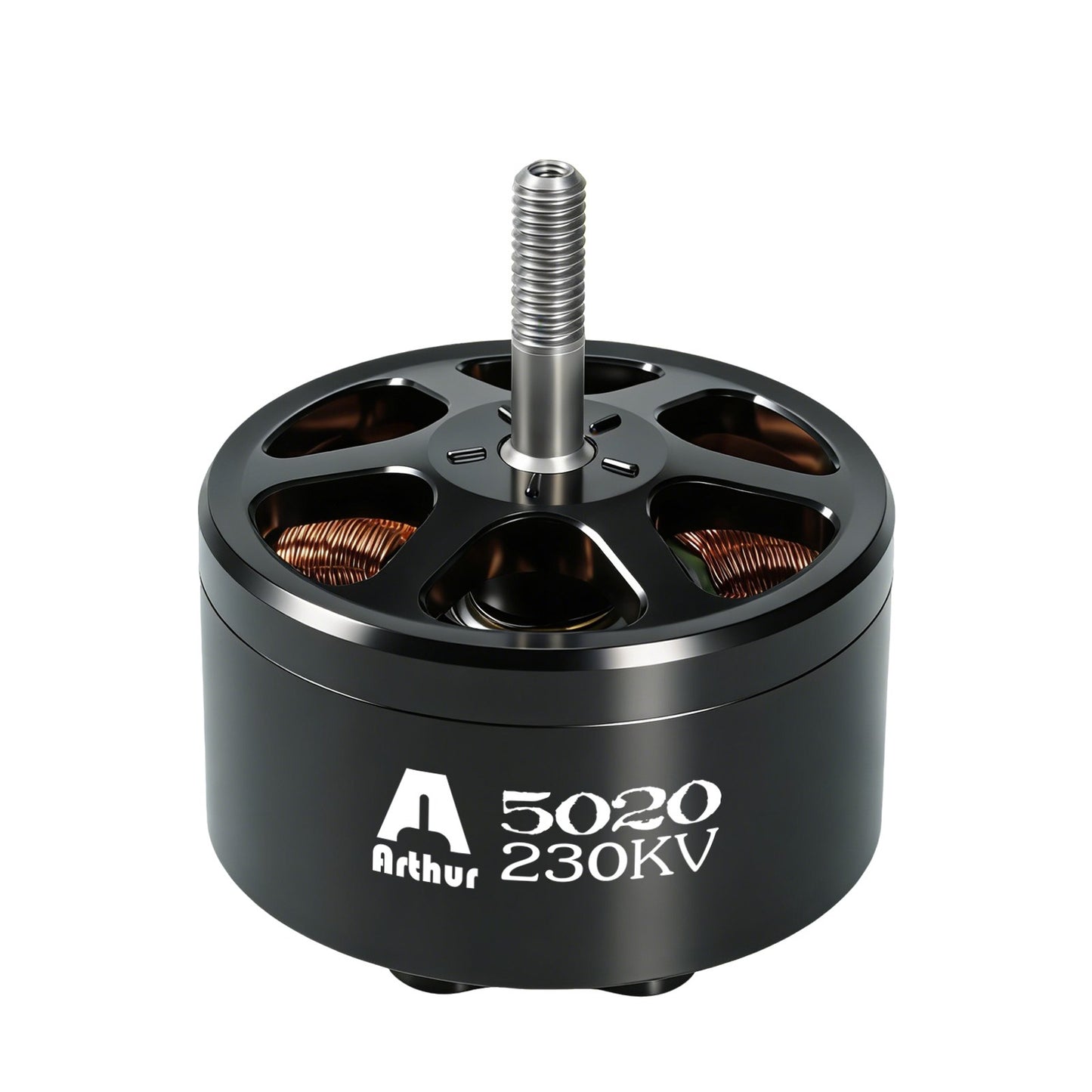 Flashhobby A5020 230KV brushless motor with black housing, open bell design, and threaded steel shaft