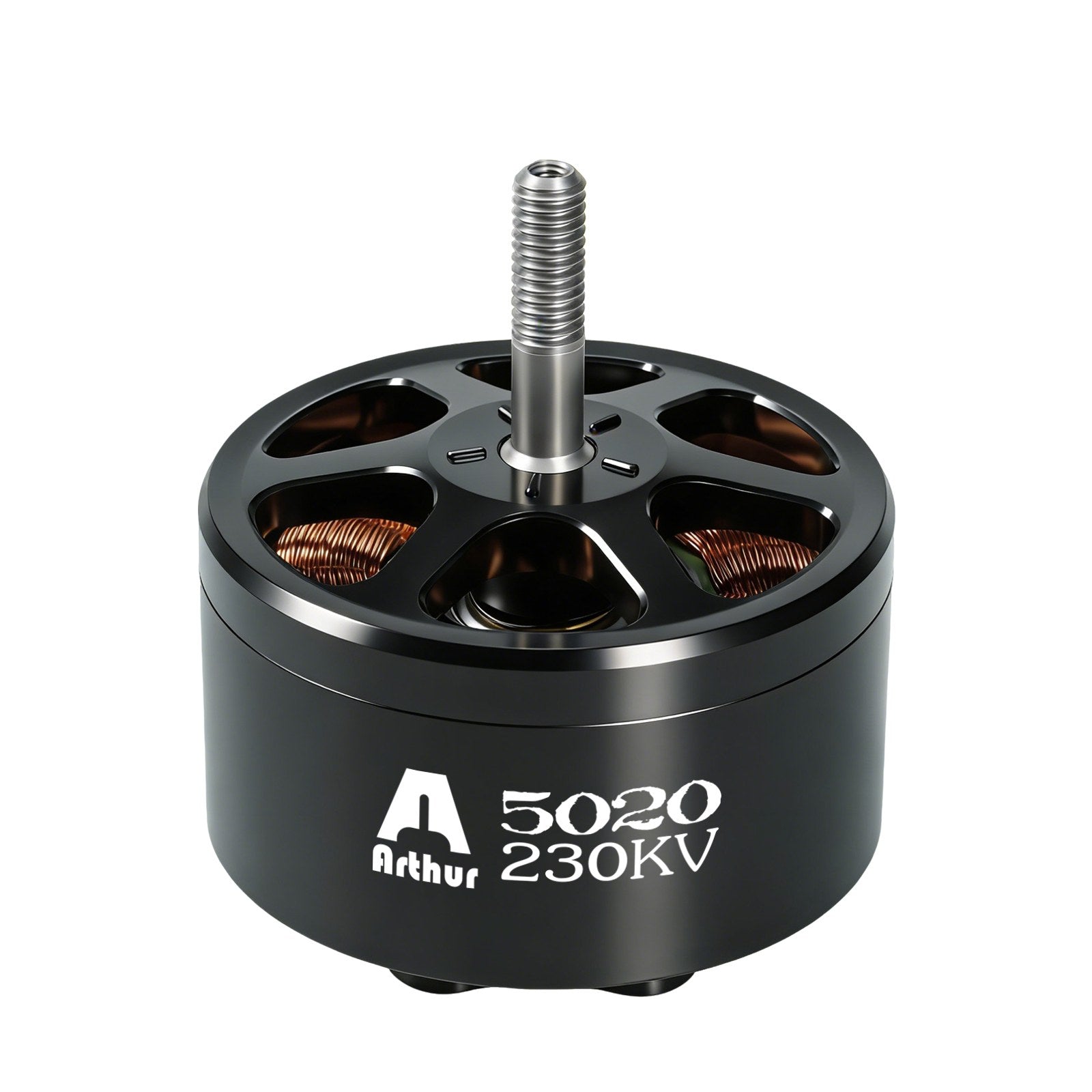 Flashhobby A5020 230KV brushless motor with black housing, open bell design, and threaded steel shaft