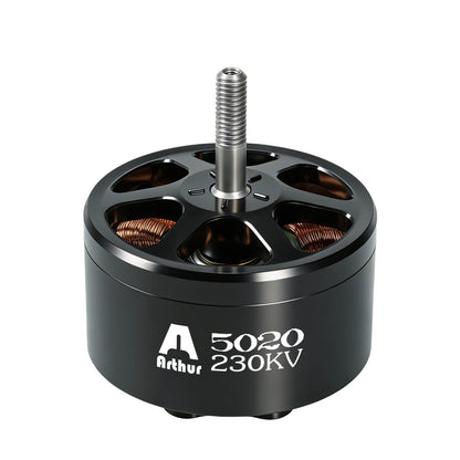Flashhobby A5020 230KV brushless motor with black housing, open bell design, and threaded steel shaft