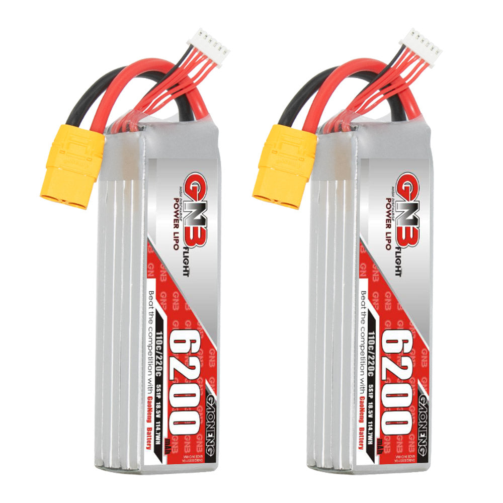 Two GNB 6200mAh LiPo packs standing upright showing label side and wiring leads