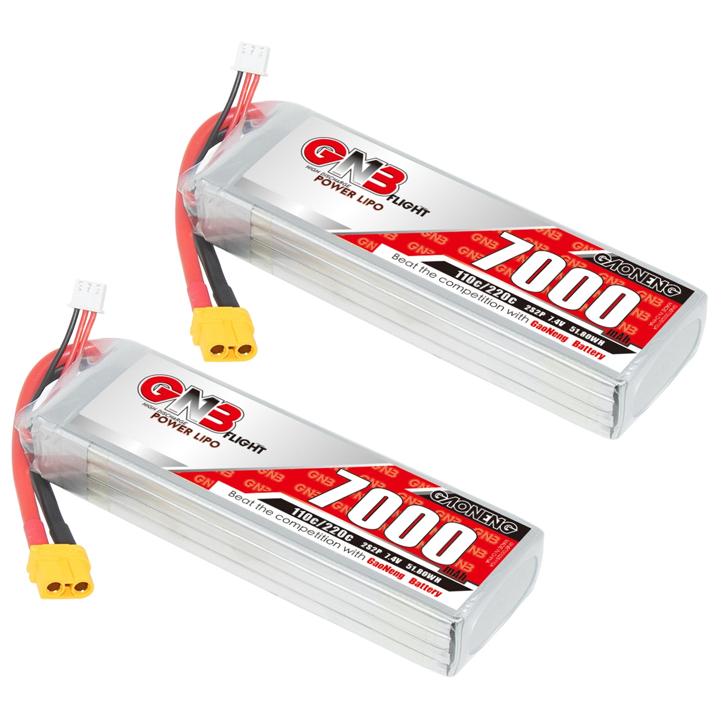 Two GAONENG GNB 7000mAh 2S LiPo battery packs shown with XT60 plugs and balance leads