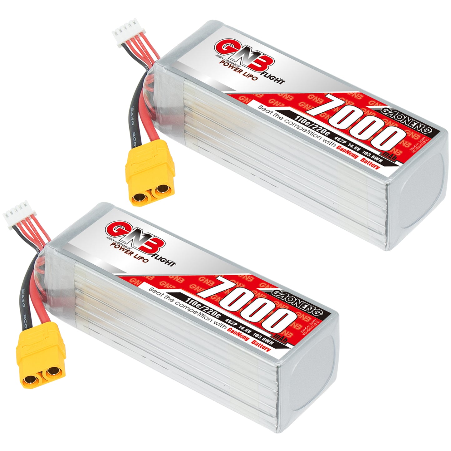 Two GNB 7000mAh LiPo batteries shown with yellow XT90 connectors and balance leads