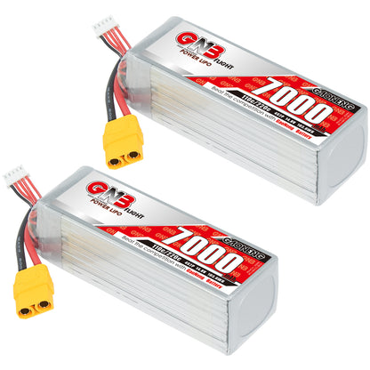 Two GNB 7000mAh LiPo batteries shown with yellow XT90 connectors and balance leads