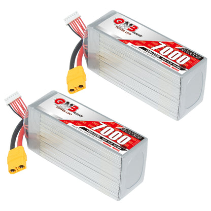 Two GAONENG GNB 7000mAh 6S LiPo batteries shown together with XT90 leads
