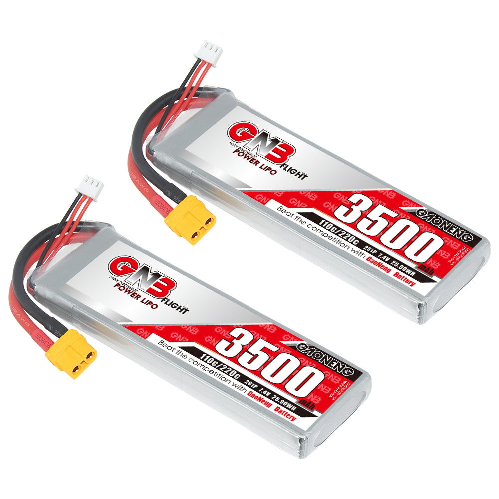 Two GAONENG GNB 3500mAh LiPo batteries shown with yellow XT60 connectors and balance leads