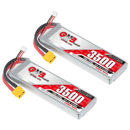 Two GAONENG GNB 3500mAh LiPo batteries shown with yellow XT60 connectors and balance leads