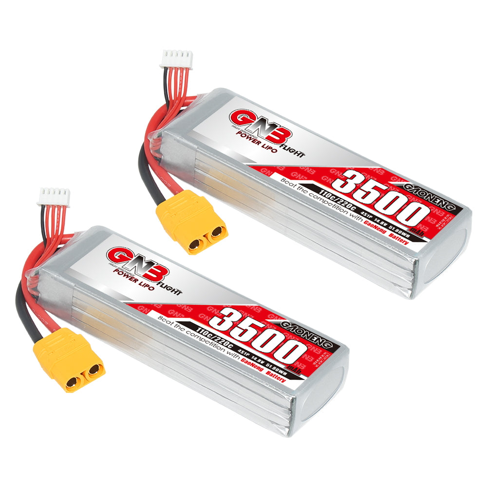Two GNB 3500mAh LiPo batteries shown with XT90 connectors and balance plugs