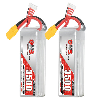 Two GNB 3500mAh LiPo packs shown upright, label side with XT90 lead and 6S balance plug