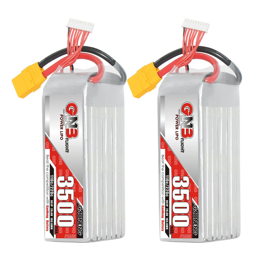 Upright view of GNB 3500mAh LiPo pack showing two batteries side by side with XT90 leads