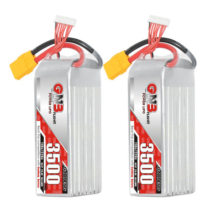 Upright view of GNB 3500mAh LiPo pack showing two batteries side by side with XT90 leads