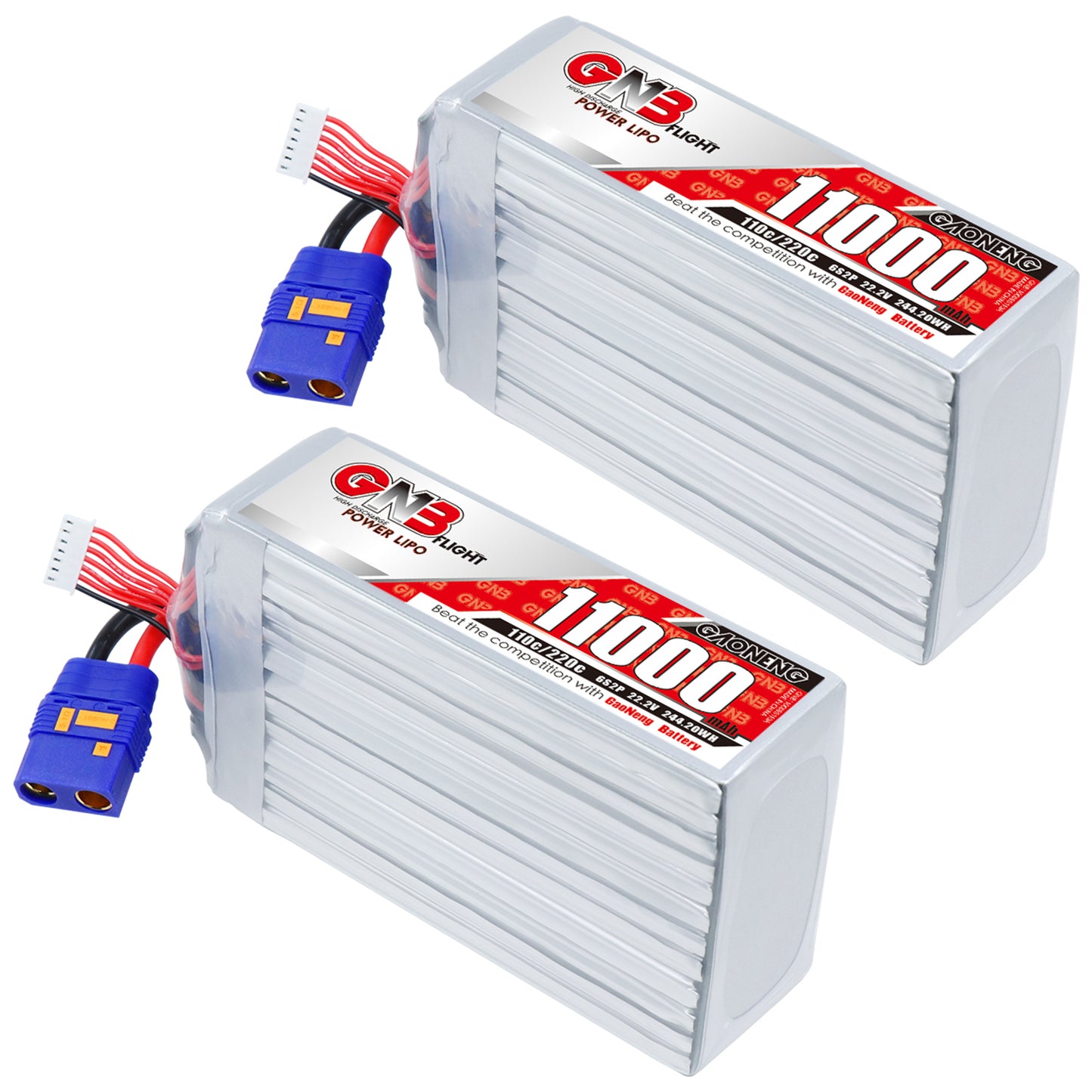 Two GNB 11000mAh 6S LiPo batteries shown with blue QS8 connectors and balance leads