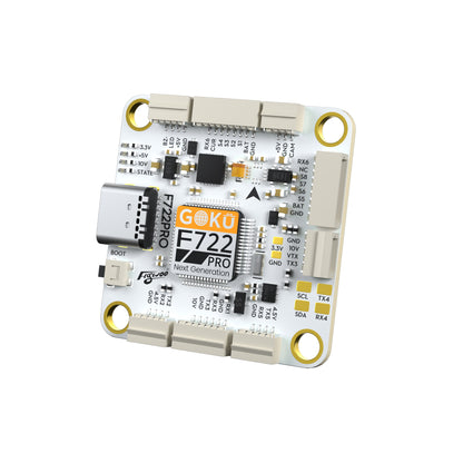 Flywoo GOKU F722 Pro V2 30x30 flight controller board with USB-C port, boot button, and labeled solder pads