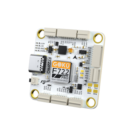 Flywoo GOKU F722 Pro V2 30x30 flight controller board with USB-C port, boot button, and labeled solder pads