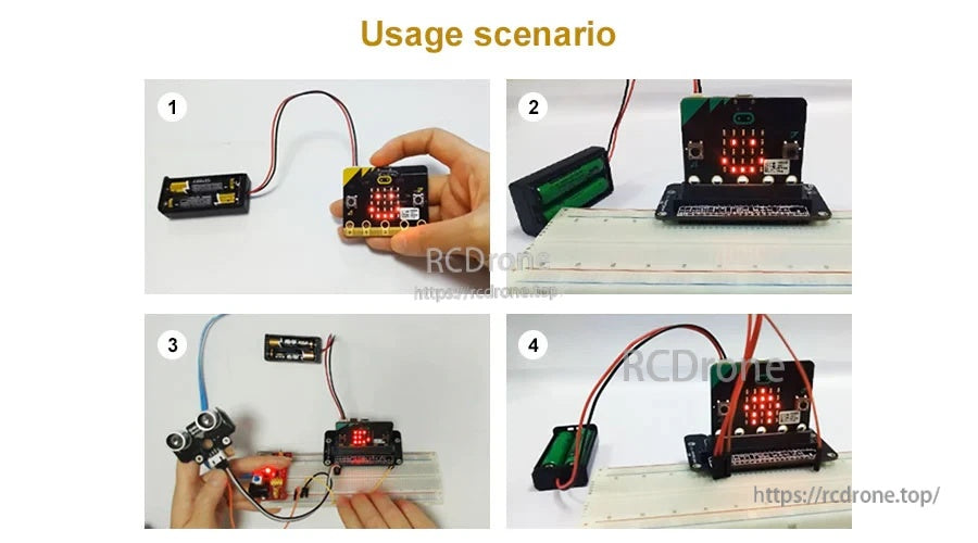 Micro:bit project usage examples powered by the 2x AAA battery pack on a breadboard setup