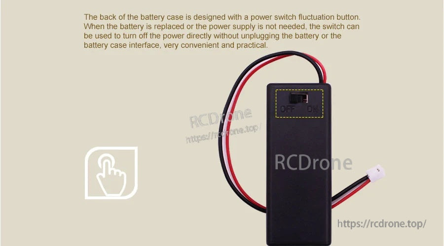 Back of battery case showing integrated ON/OFF switch and attached red/black lead