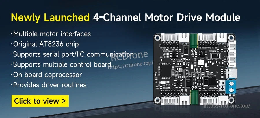 Promotional banner for newly launched 4-channel motor drive module using AT8236, with interface highlights