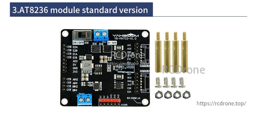 AT8236 2-channel motor driver module board with 5–12V terminals, control pins, and mounting standoffs