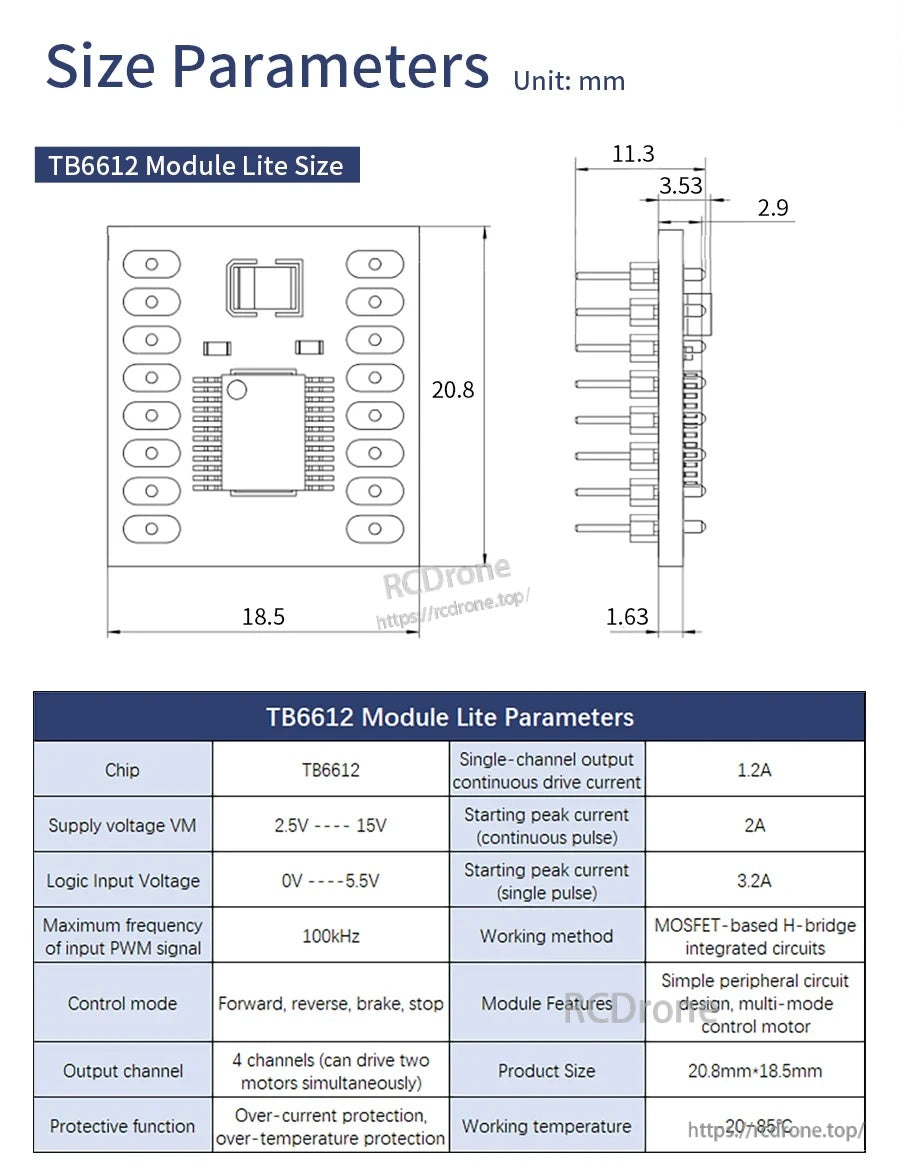 TB6612 motor driver module size diagram with pin layout, 20.8 x 18.5 mm board dimensions and 11.3 mm thickness