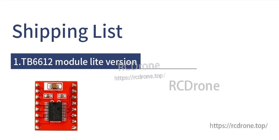 Shipping list graphic showing TB6612 module lite version, a small red TB6612FNG motor driver board