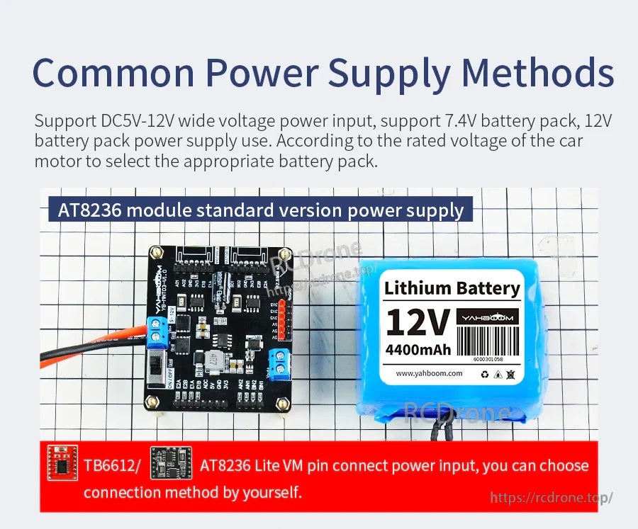 Power supply methods graphic for AT8236 standard version, showing DC 5–12V input and 12V lithium battery example