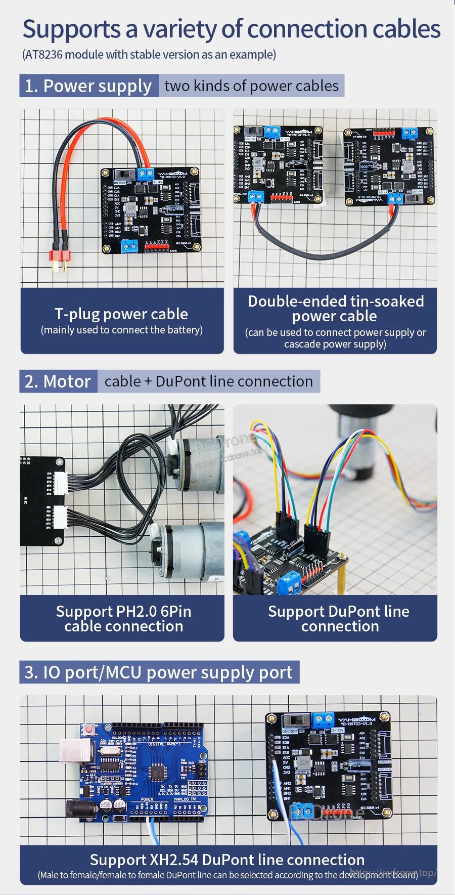 AT8236/TB6612FNG dual motor driver module with T-plug, tinned power leads, and PH2.0/XH2.54 DuPont connectors
