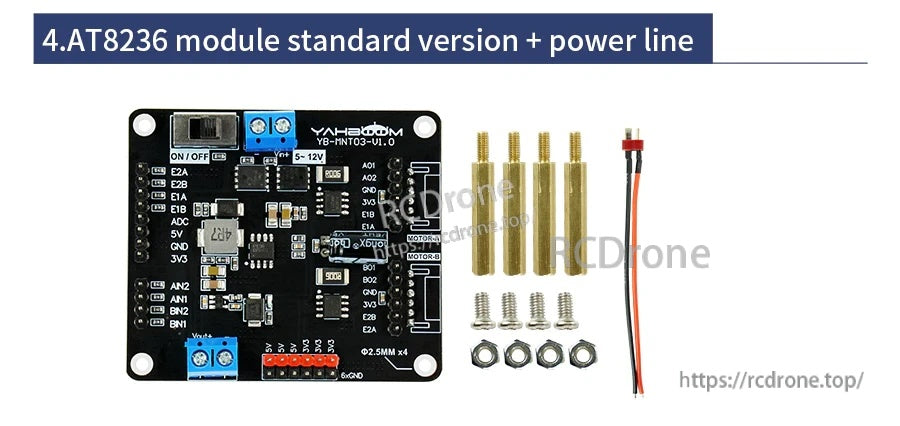 AT8236 motor driver module board with terminal blocks, pin headers, standoffs, screws and power lead