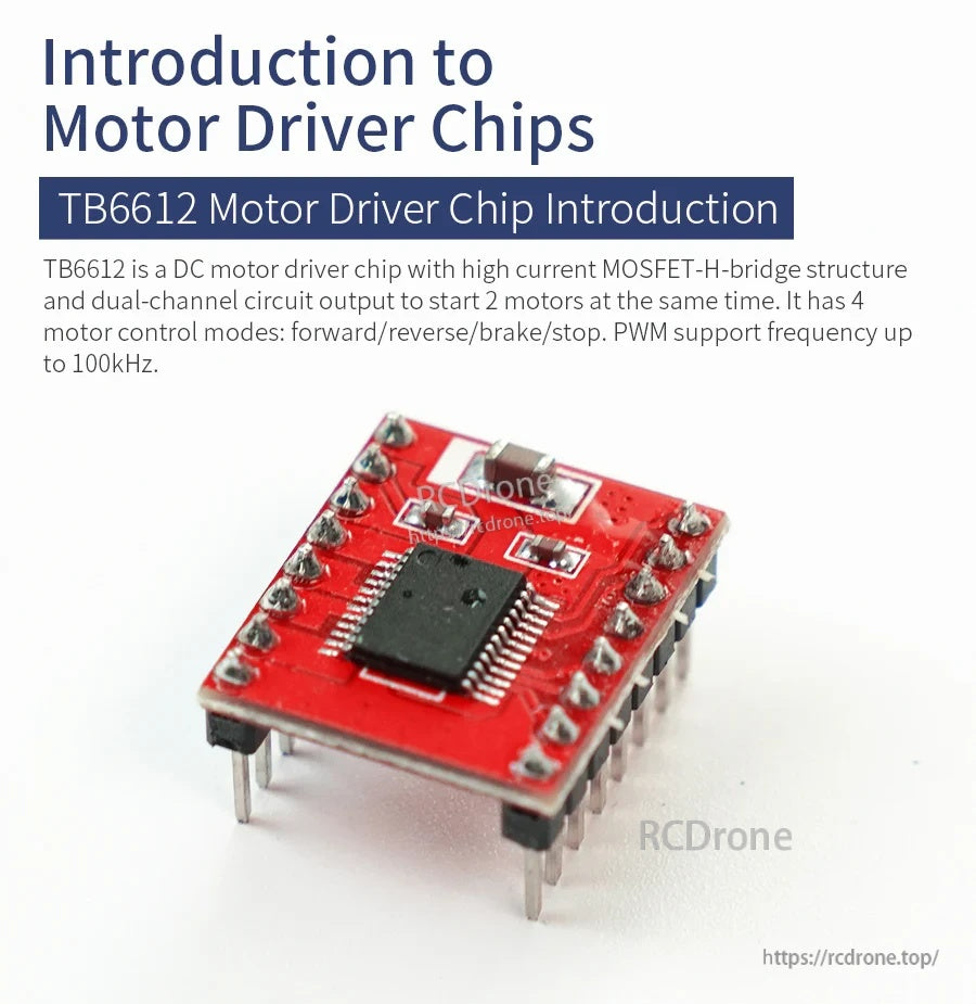 TB6612 motor driver module Lite board close-up on red PCB, dual H-bridge for two DC motors