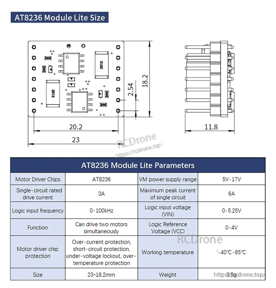 AT8236 2-channel motor driver module size diagram with 23×18.2 mm footprint, 11.8 mm thickness, and key specs table