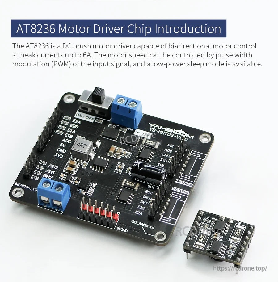 AT8236 motor driver module standard board with terminal blocks, headers, and included compact driver board