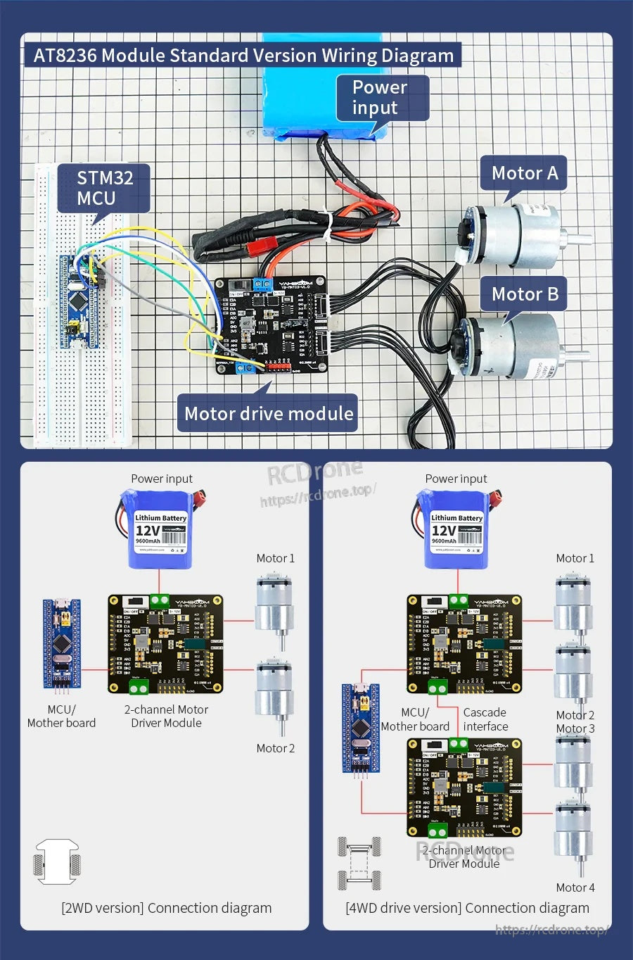 AT8236 TB6612FNG 2-channel motor driver module wiring diagram with STM32 MCU, 12V input, motors A and B