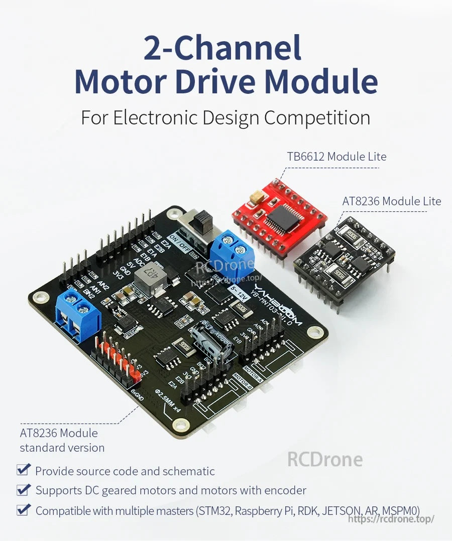 AT8236/TB6612FNG 2-channel motor driver module lineup with standard board and two compact Lite modules