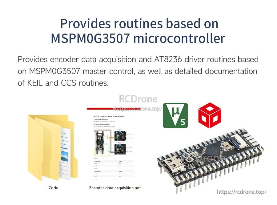 MSPM0G3507 microcontroller board with USB port and pin headers, with encoder acquisition and driver routine docs