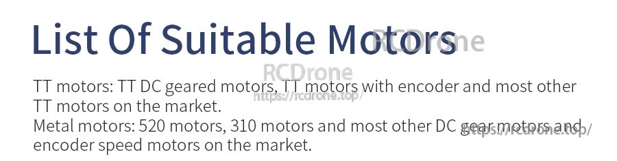 Text banner listing suitable motors, including TT DC geared motors, encoder TT motors, and common metal gear motors