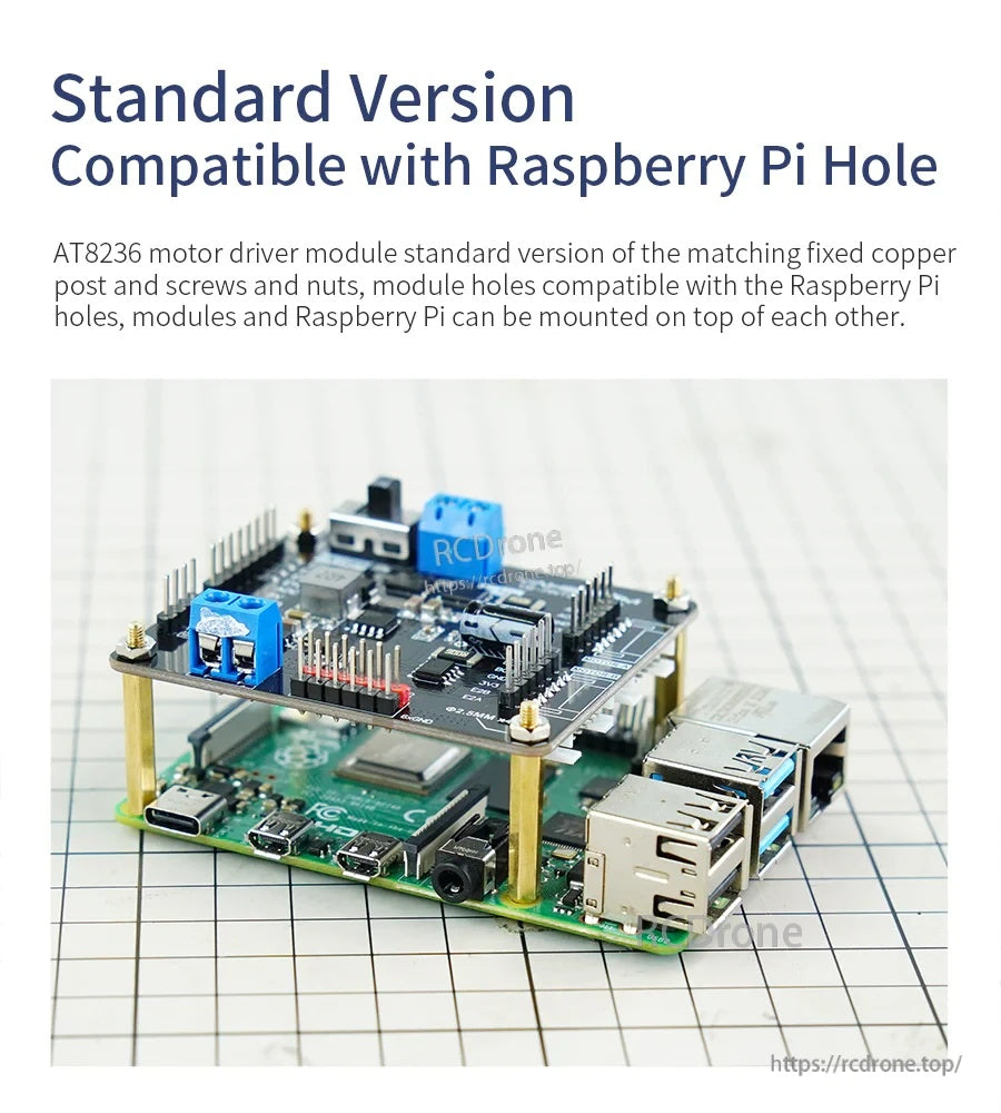 AT8236/TB6612FNG 2-channel motor driver module mounted on a Raspberry Pi using standoffs and header pins